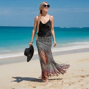 Venus Aztek Print Fringe Maxi Skirt Women’s Size M Elastic Waist